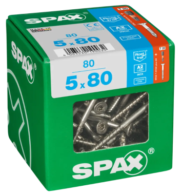 SPAX Edelstahlschraube, 5 x 80 mm, 80 Stück, Teilgewinde, Senkkopf, T-STAR plus T20, 4CUT, Edelstahl rostfrei A2, 4197000500806